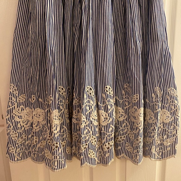 Unique Vintage Blue and White Striped Halter Dress with Embroidered Eyelet Trim - Picture 5 of 13